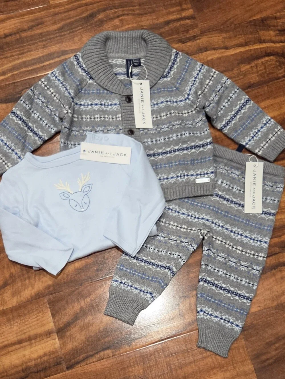 Janie and Jack NWT 6-12 months blue/gray fair isle sweater, bodysuit & pants set